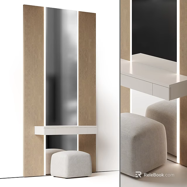Modern Stylish Dressing Table Interior With White Countertop Mirror And Stool 3d model