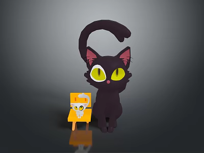 Cute Black Cat With Yellow Eyes And Pink Ears Next To Yellow Chair 3d model