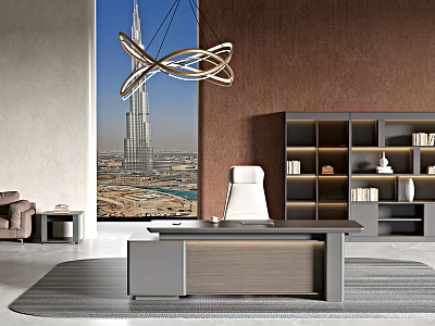 Modern Office Interior With Executive Desk Floor to Ceiling Window Chandelier Bookshelf And Sofa 3d model