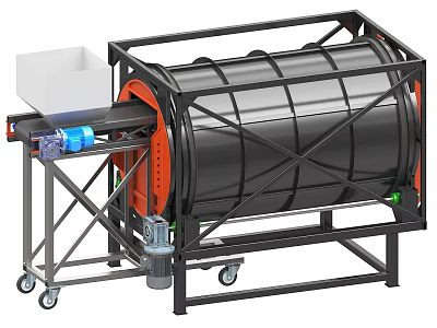 Industrial Processing Equipment Featuring Rotating Drum Metal Frame Hopper and Drive Unit 3d model
