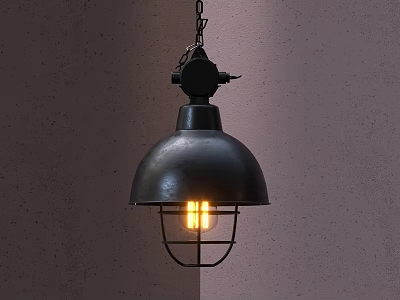 Industrial Black Metal Pendant Light With Dome Shade Metal Cage And Lit Bulb On Wall 3d model