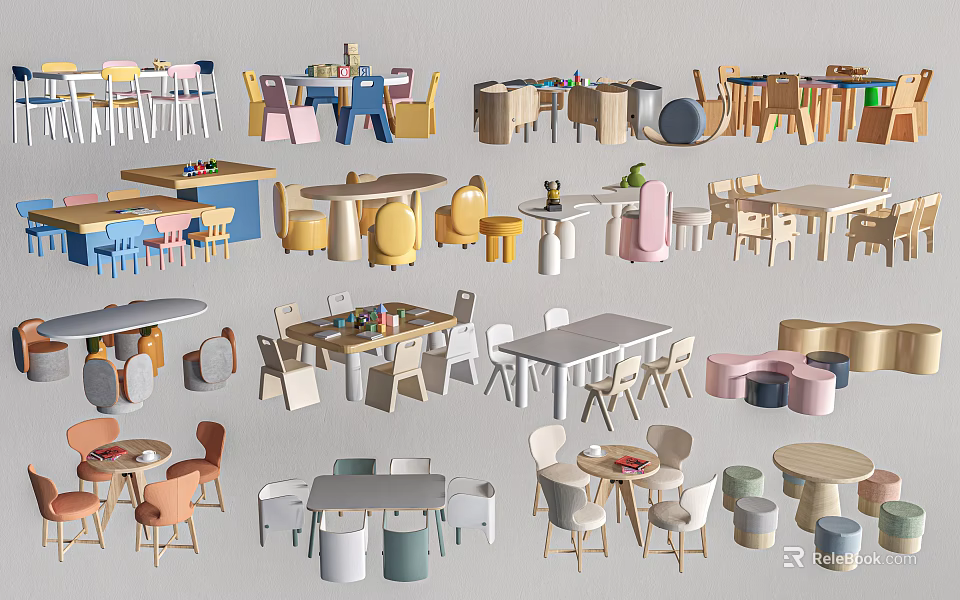 Colorful Modern Children's Table With Kid Friendly Chairs And Stools For Kids Room 3d model 
