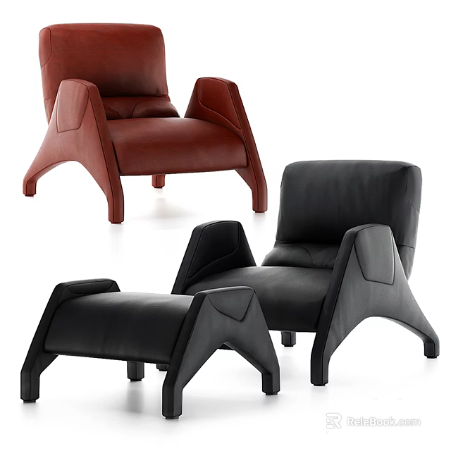 Modern Single Sofa in Red and Black with Matching Ottoman Design 3d model 