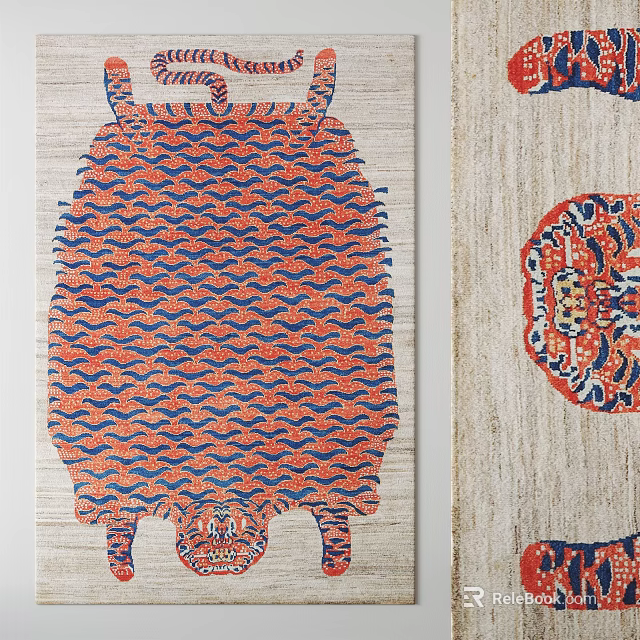 Square Rug Featuring Orange Blue Wavy Patterns And Tiger Head Motifs On Neutral Background 3d model