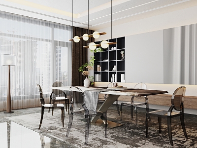 Restaurant Dining Table and Chair Combination Dining Chair Dining Table Long Table Chandelier Acrylic Dining Chair Transparent Dining Chair 3d model