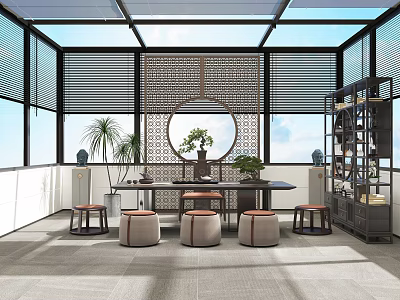 Elegant Chinese Style Interior With Circular Screen Long Table Stools Green Plants And Blinds 3d model