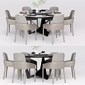 Modern Dining Table Set With Six Gray Chairs Black Tabletop And Decorative Vase 3d model