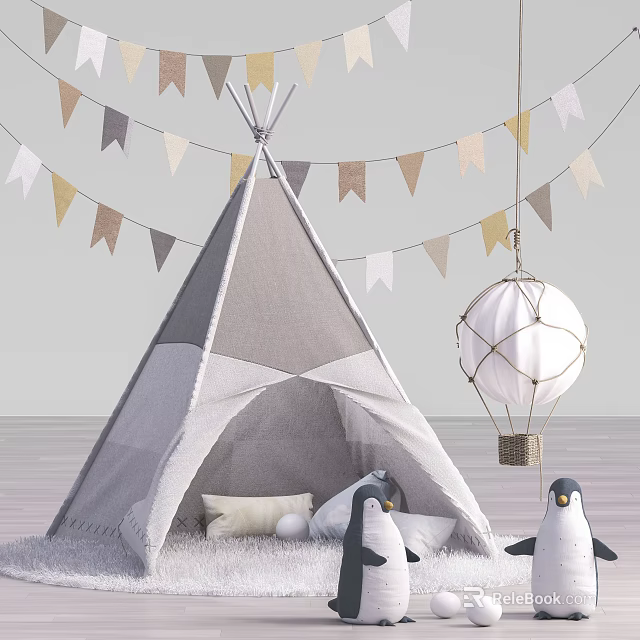 Cozy Teepee Tent With Colorful Bunting Flags Hanging Lantern And Inside Penguin Toys Soft Pillows 3d model 