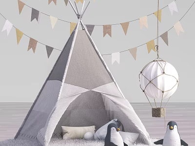 Cozy Teepee Tent With Colorful Bunting Flags Hanging Lantern And Inside Penguin Toys Soft Pillows 3d model
