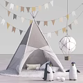 Cozy Teepee Tent With Colorful Bunting Flags Hanging Lantern And Inside Penguin Toys Soft Pillows