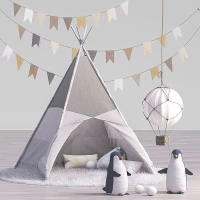 Cozy Teepee Tent With Colorful Bunting Flags Hanging Lantern And Inside Penguin Toys Soft Pillows 3d model