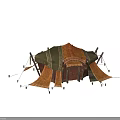 Traditional Nomadic Tent With Orange Green Canvas Canopy Wooden Poles And Hanging Fabric Drapes