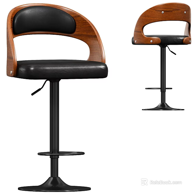 Stylish Bar Stools With Wooden Armrests Black Leather Seat And Adjustable Stem 3d model 