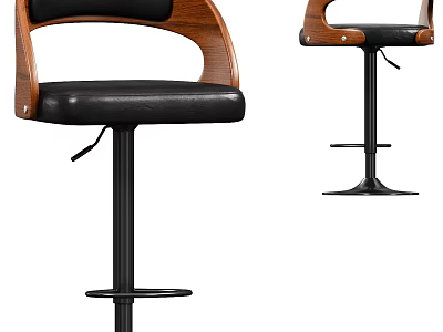 Stylish Bar Stools With Wooden Armrests Black Leather Seat And Adjustable Stem 3d model