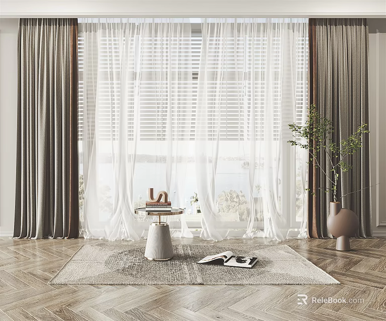 White Sheer Curtains For Window With Modern Interior And Light Filtering Design 3d model