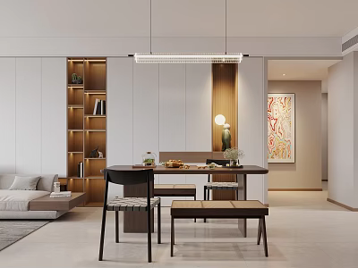 Modern Open Restaurant Interior Design With Wooden Shelves Pendant Light Dining Table And Art Painting 3d model