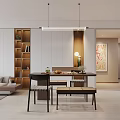 Modern Open Restaurant Interior Design With Wooden Shelves Pendant Light Dining Table And Art Painting