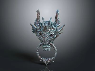 Dragon Shaped Metal Door Knocker With Intricate Horns And Ornate Ring 3d model