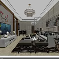 Modern Living Dining Room Interior With Chandelier Dining Table Black Chairs TV And Decorative Painting