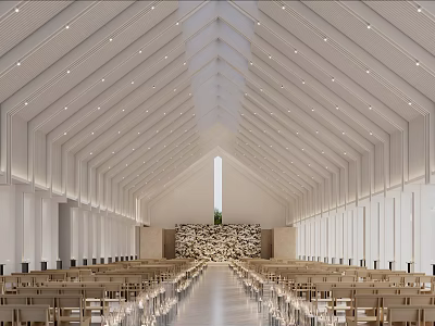 Bright Spacious Minimalist Banquet Hall With High Gable Ceiling And Neatly Arranged Light Wooden Seats 3d model