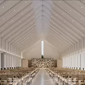 Bright Spacious Minimalist Banquet Hall With High Gable Ceiling And Neatly Arranged Light Wooden Seats