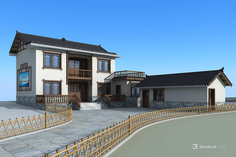 Chinese Style Two Story Building With Black Roof White Walls And Bamboo Fence 3d model 