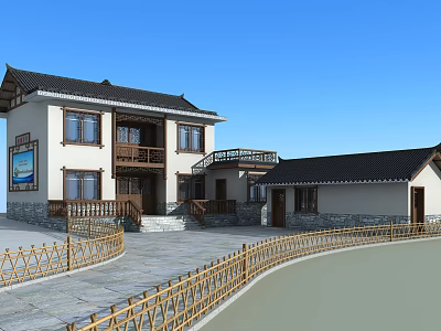 Chinese Style Two Story Building With Black Roof White Walls And Bamboo Fence 3d model