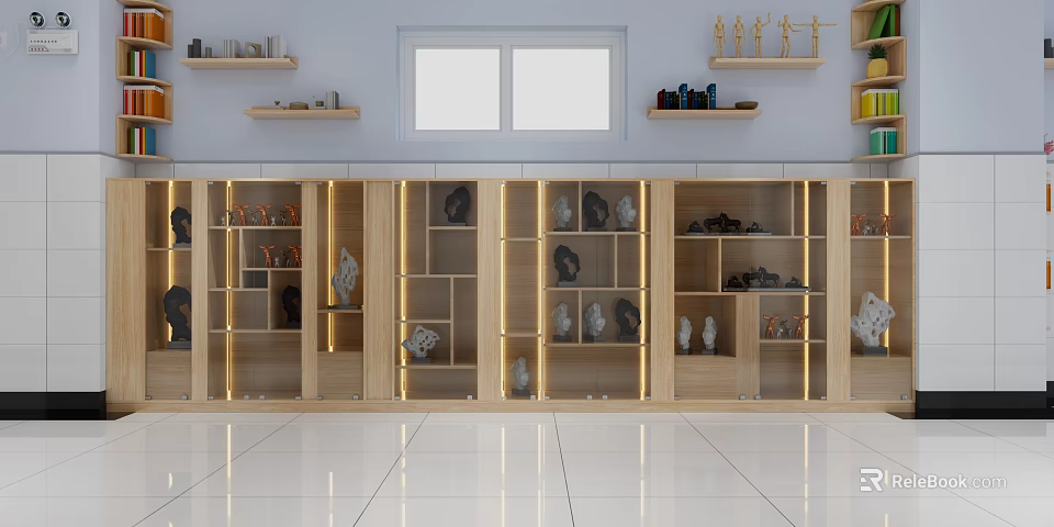 Modern Wooden Display Cabinets With Glass Doors And Illuminated Decorative Crafts 3d model 