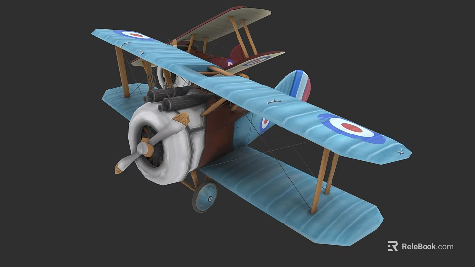 Vintage Blue Biplane With Round Insignia And Wooden Structure Design 3d model 