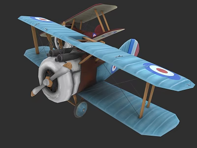Vintage Blue Biplane With Round Insignia And Wooden Structure Design 3d model