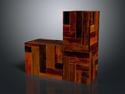 Creative Wooden Patchwork Furniture Piece With Geometric Wood Blocks And Textured Panels 3d model