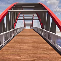 Landscape Bridge with Red Arch Gray Steel Frame White Railings and Wooden Deck