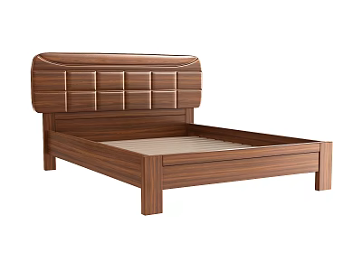 Modern Wooden Double Bed With Grid Design Headboard And Sleek Frame 3d model