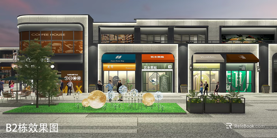 Modern Commercial Street Design With Retail Storefronts Pedestrians And Decorative Lawn 3d model 