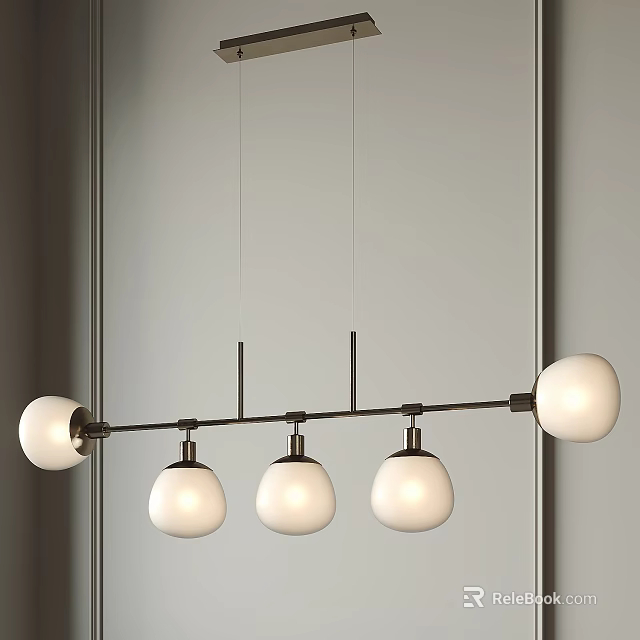 Modern Linear Pendant Light With Five White Globe Shades And Black Metal Rod 3d model 