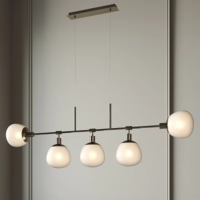 Modern Linear Pendant Light With Five White Globe Shades And Black Metal Rod 3d model