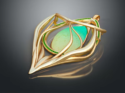 Elegant Gold Leaf Design Pendant With Green Gemstone And Intricate Detailing 3d model