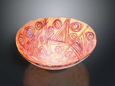 Orange Red Ceramic Decorative Bowl With Intricate Spiral And Geometric Patterns 3d model