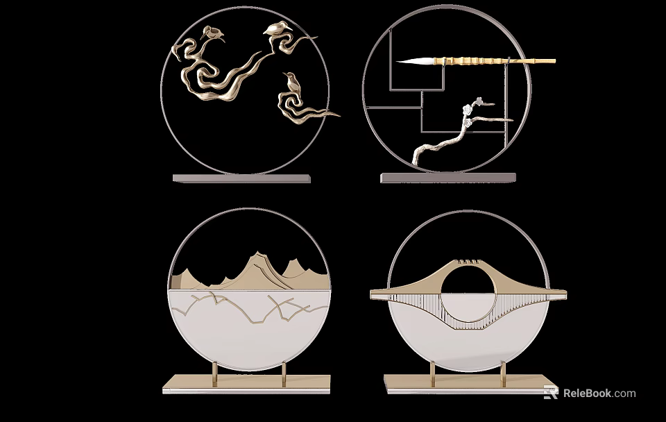 Modern Chinese Decorative Ornament Set With Cloud Bird Mountain Bridge And Geometric Designs 3d model 