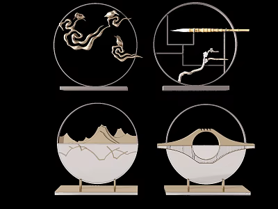 Modern Chinese Decorative Ornament Set With Cloud Bird Mountain Bridge And Geometric Designs 3d model