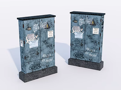 Two Blue Metal Industrial Equipment Cabinets With Graffiti Stickers Labels And Base 3d model