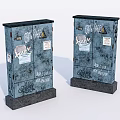 Two Blue Metal Industrial Equipment Cabinets With Graffiti Stickers Labels And Base