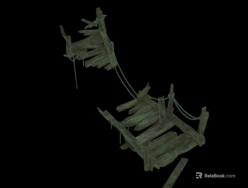 Rustic Broken Wooden Plank Structure With Weathered Ropes And Split Boards 3d model 