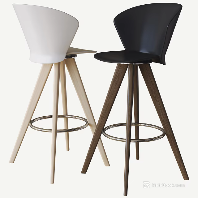 Modern Design White and Black Bar Stools with Wooden Legs and Metal Footrests 3d model 