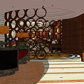 Hotel Lobby Interior Featuring Circular Decorative Screen Green Round Table And Yellow Patterned Carpet
