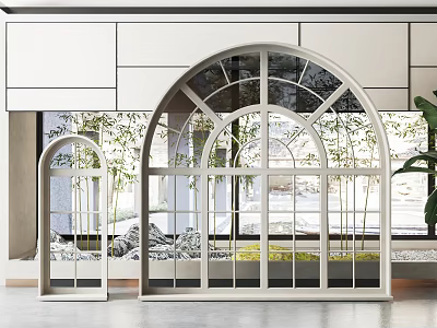 Modern Interior With Arched Casement Windows And Greenery View 3d model