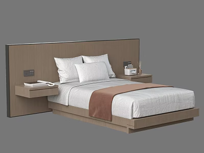 Modern Single Bed With Wooden Headboard White Bedding Brown Blanket And Side Tables 3d model