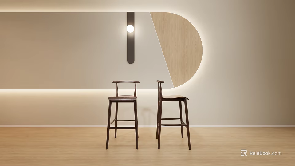 Two Modern Design Bar Stools In Interior With Curved Wall And Wooden Elements 3d model