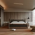 Sleek Modern Bedroom With Wooden Walls Large Bed Rug Chair Hanging Lamp And Blinds