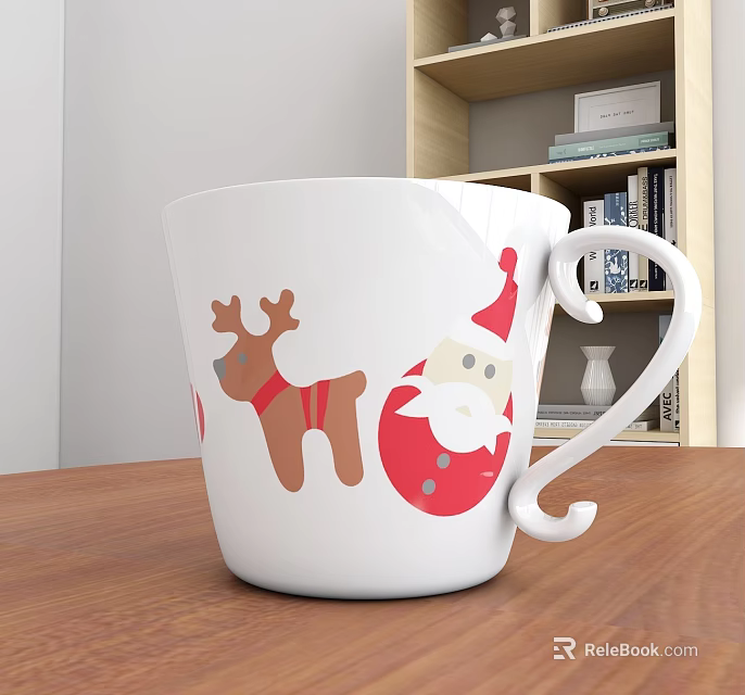 White Christmas Mug With Reindeer And Santa Claus Designs On Wooden Table 3d model 